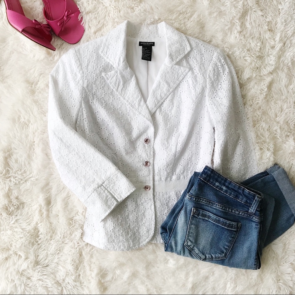 White eyelet spring blazer with pink gem buttons